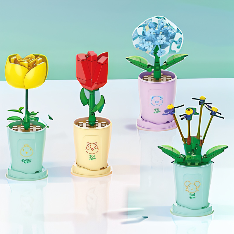 Lele Brothers 8814 Building Block Flowers Small Particle Assembled Toys Building Blocks Educational Potted Bouquet Ornaments DIY Gifts