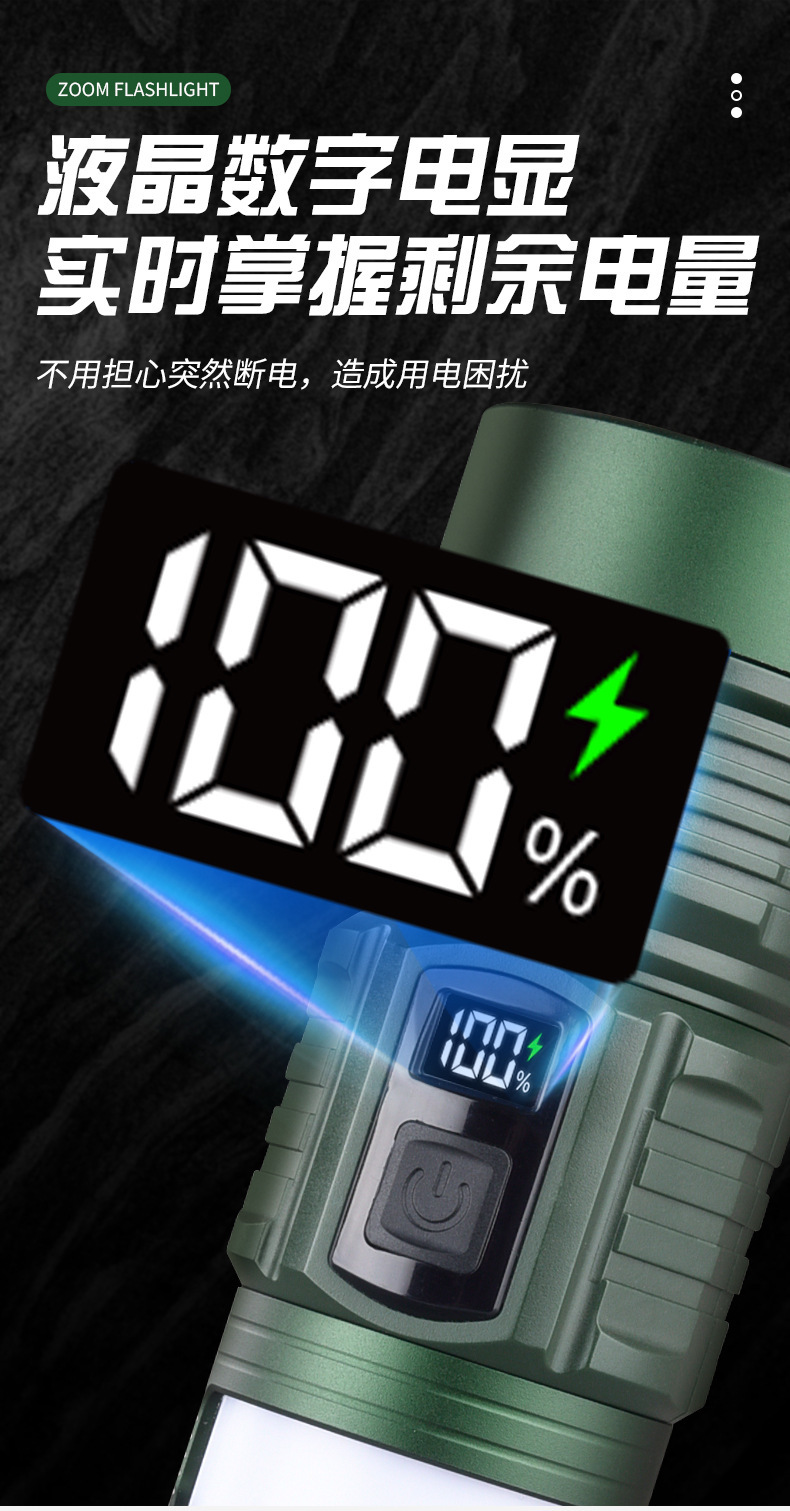 Cross-border multifunctional white laser portable high-intensity digital display zoomable rechargeable three-light source camping lantern flashlight