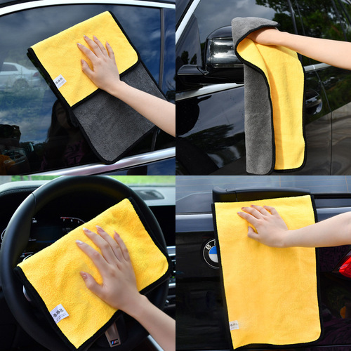 Car wash towel with thick coral velvet, absorbent, decontaminating, water-stain removing, dual-color, double-sided car cleaning wash tool