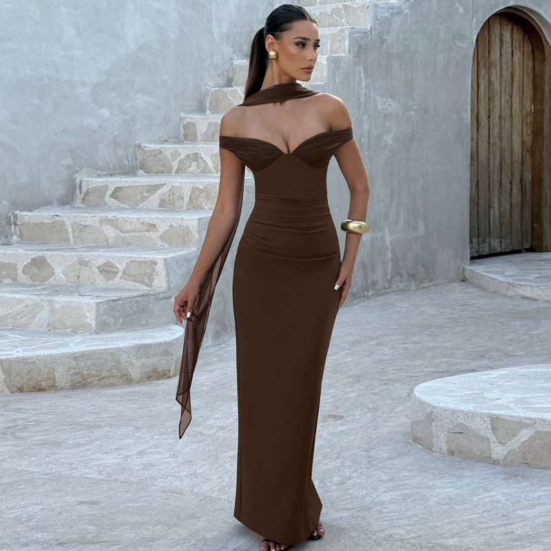 Женская одежда Amazon 2025 Лето Новое женское сексуальное платье с V-образным вырезом, облегающее, с разрезом и лентой, оптом