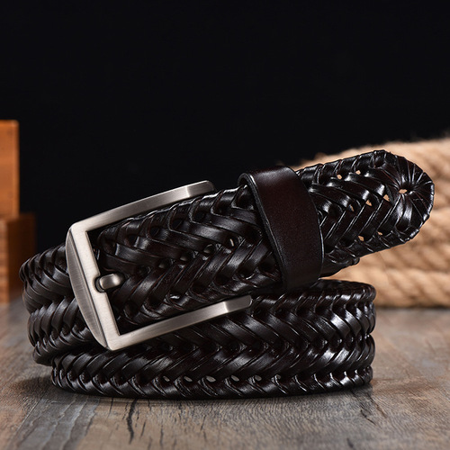 Wholesale handwoven belts for men genuine leather cowhide retro casual pin buckle hollow belt drop shipping