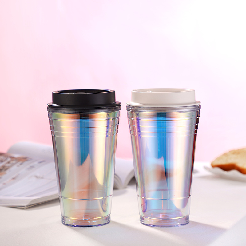 新款塑料杯双饮保温水杯时尚便携随手杯创意炫彩咖啡杯可定卡纸