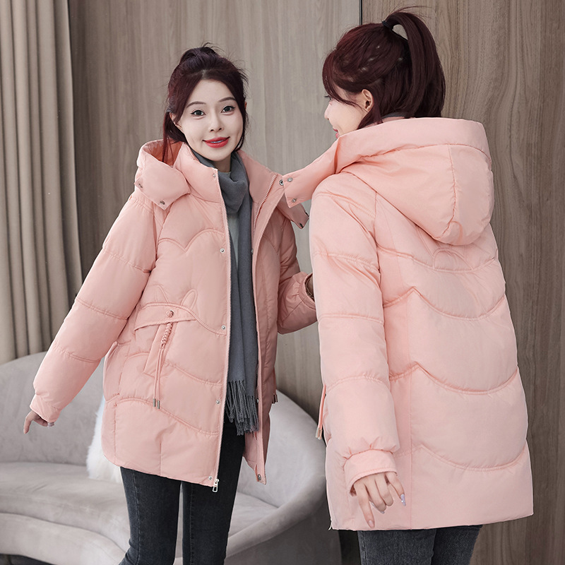 Hooded Pure Color New Mid-Length down Cotton Clothes Women's Winter Korean Style Thick Warm Loose Large Size Cotton Jacket