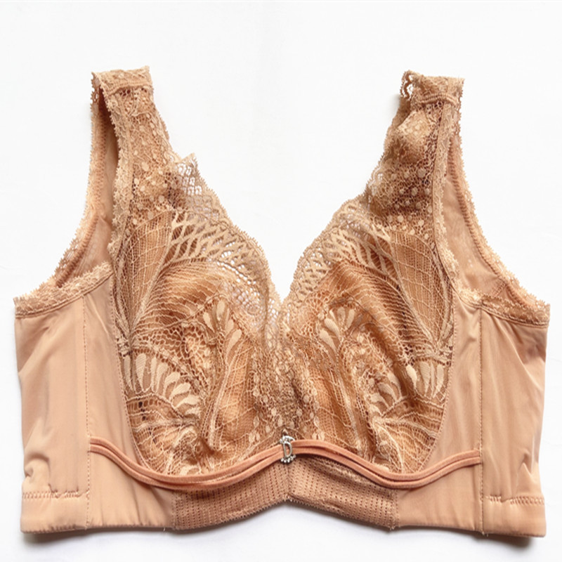 Brand Lace Ultra-Thin Sponge-Free Large Bust Minimizing Soft Underwire Bra with Side Support for Women 0016