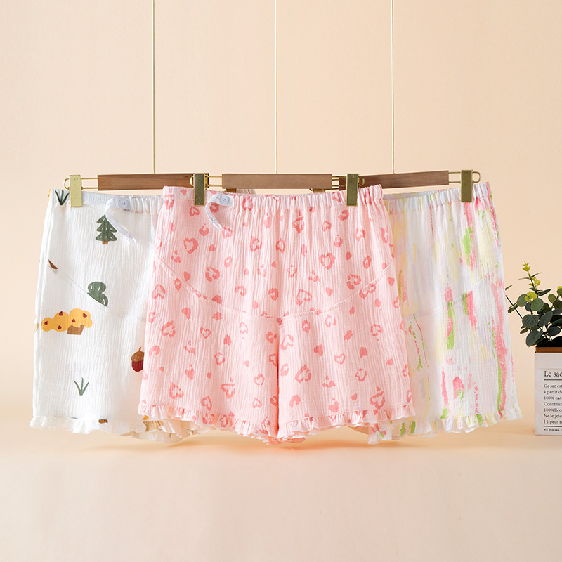 Pure Cotton Double-Layer Gauze Maternity Belly Support Sleep Shorts Adjustable Non-Tightening Summer Shorts High-Waisted Postpartum Sleep Pants