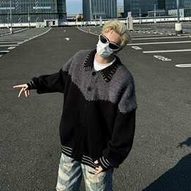 2025年小众设计撞色纽扣开衫毛衣男士秋冬潮流毛茸茸针织衫外套潮