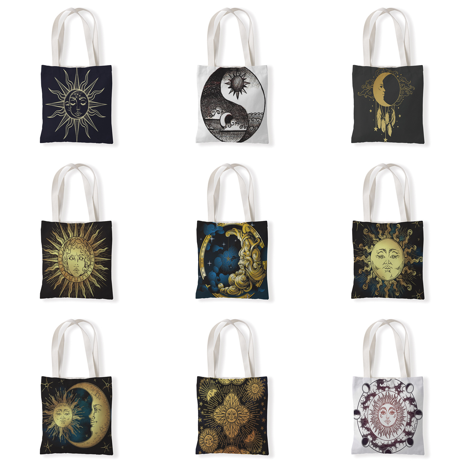 太阳月亮印花手提时尚单肩购物袋休闲零钱袋文艺手提帆布袋定制