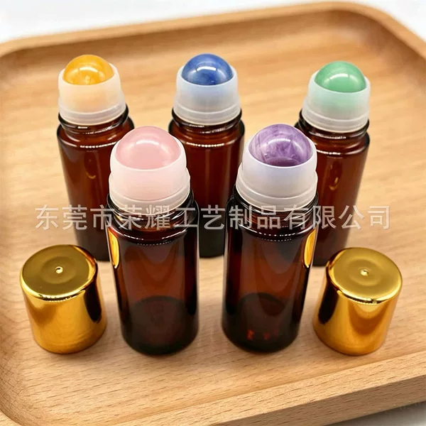 30Ml50Ml Brown Glass Roller Ball Bottle Rose Quartz Stone Essential Oil Roller Bottle Pink Crystal Beads Castor Oil Bottle