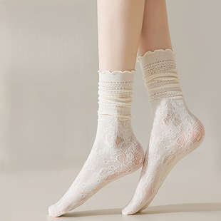 Fungus Edge Summer Thin Pile Socks Lace White Socks Women's Lace Mid-Calf Socks Breathable Sweet Cut Out Women's Socks