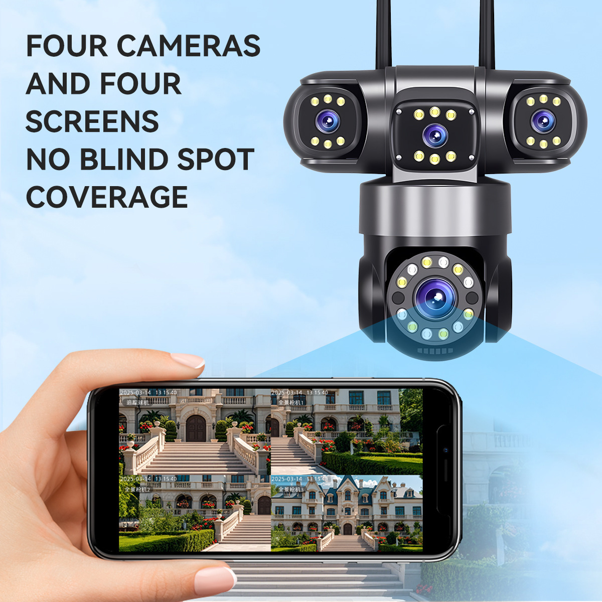 WiFi surveillance camera 4-view HD night vision PTZ
