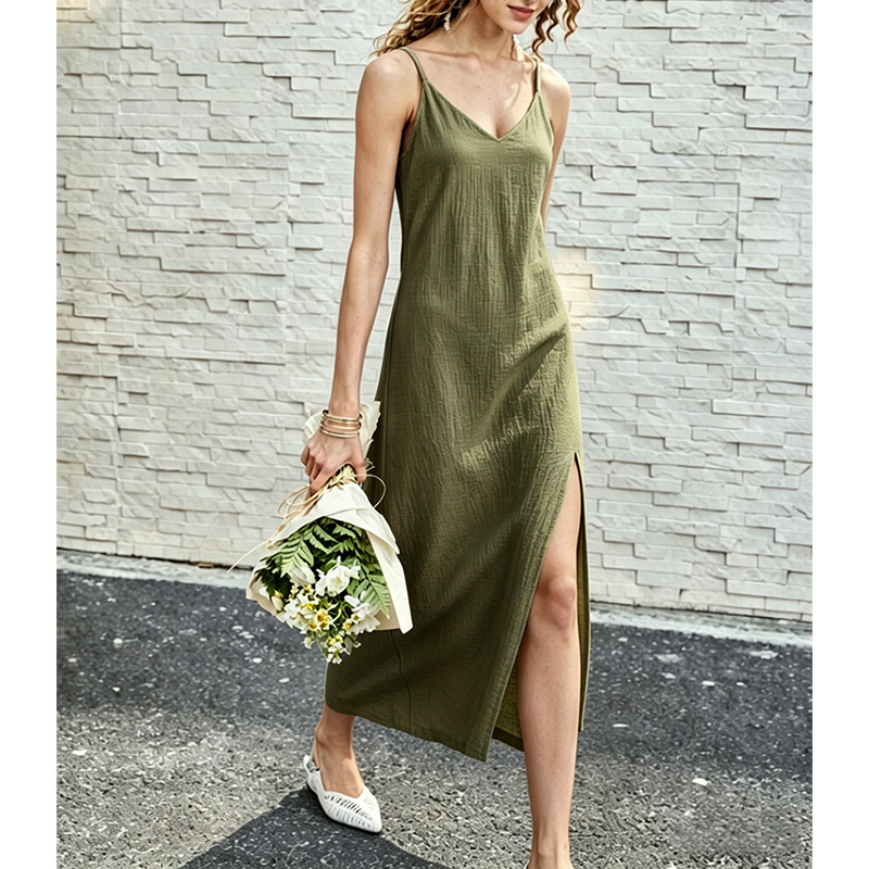 European and American Style V-Neck Spaghetti Strap Dress, Pure Cotton Gauze Dress, Sexy Backless Home Nightgown, Slit Loose Straight Dress European and American Style V-Neck Spaghetti Strap Dress, Pure Cotton Gauze Dress, Sexy Backless Home Nightgown, Slit Loose Straight Dress