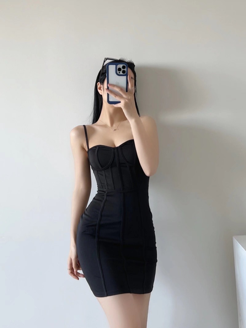 suspender fishbone backless low-cut slim solid color dress NSXDX133490