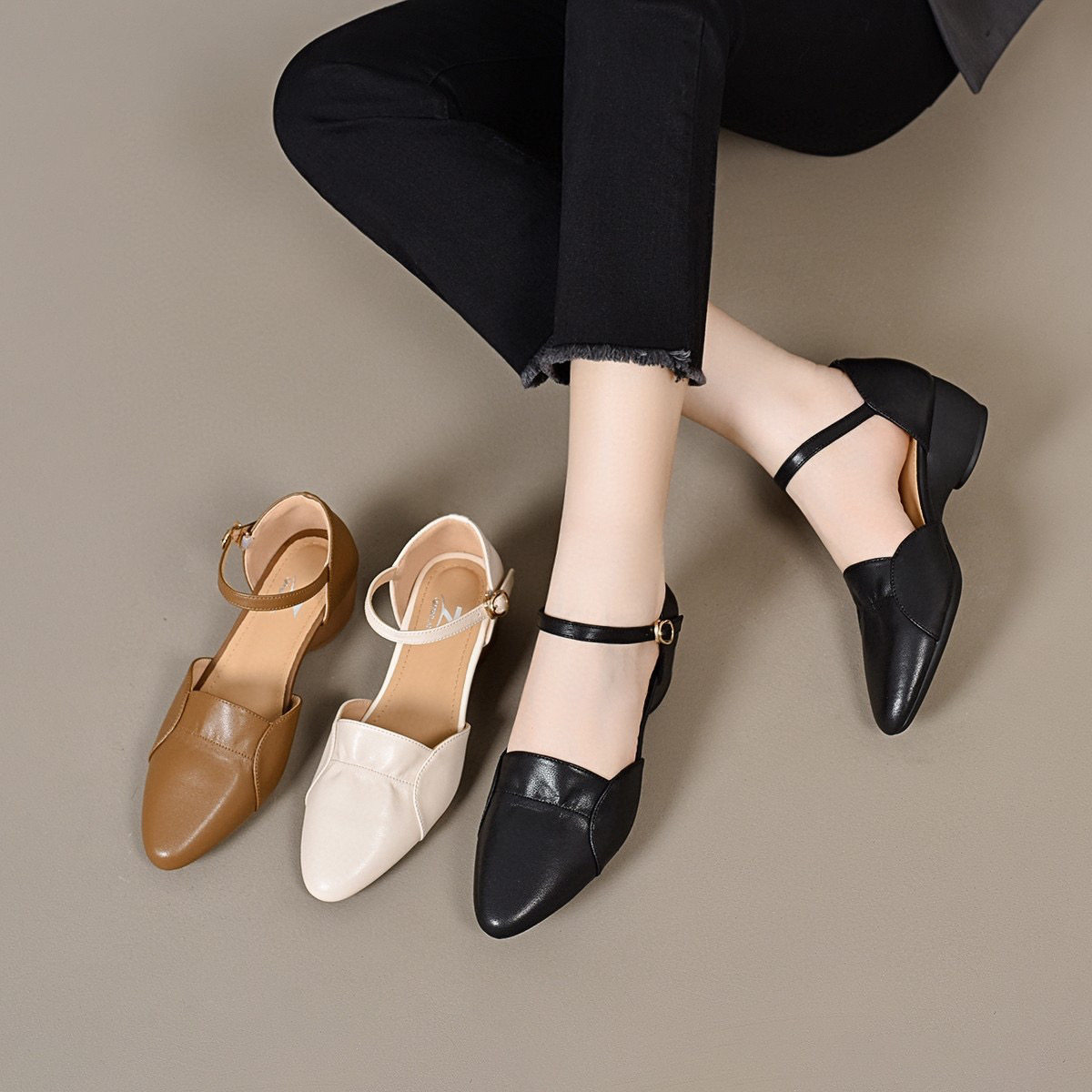 Sandal nữ da thật mũi nhọn quai ngang gót thấp 5 cm — Màu caramel - 5cm