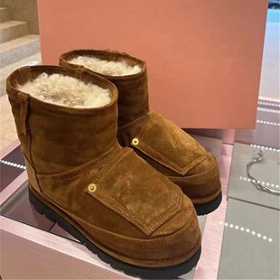 Cowhide version ~ fur one big head thick bottom snow boots women 2024 new retro fleece-lined warm short boots cotton shoes