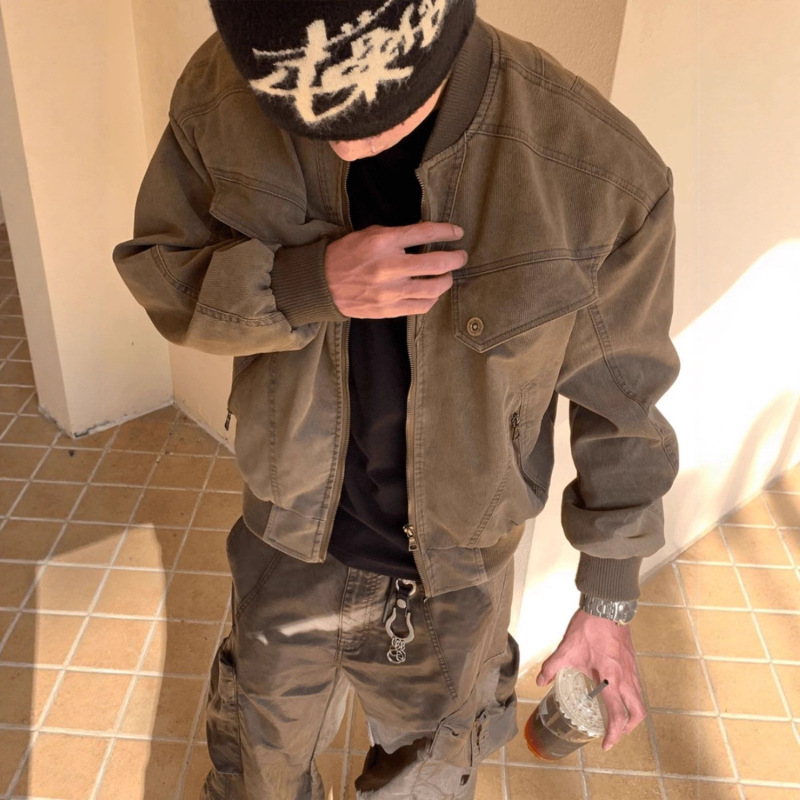 Maillard Brown Short Work Jacket for Men, Spring and Autumn Washed Trendy Baseball Jacket, American Retro Harrington Jacket