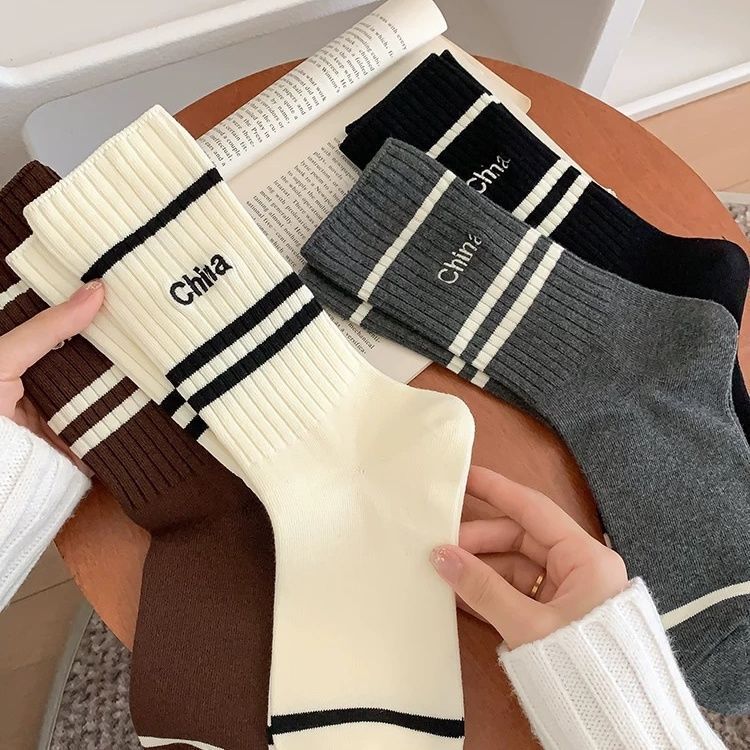 Striped Socks for Women Mid-Calf Trendy Versatile Solid Color Spring and Autumn Korean Style Japanese Letter Versatile Slouch Mid-Length Socks