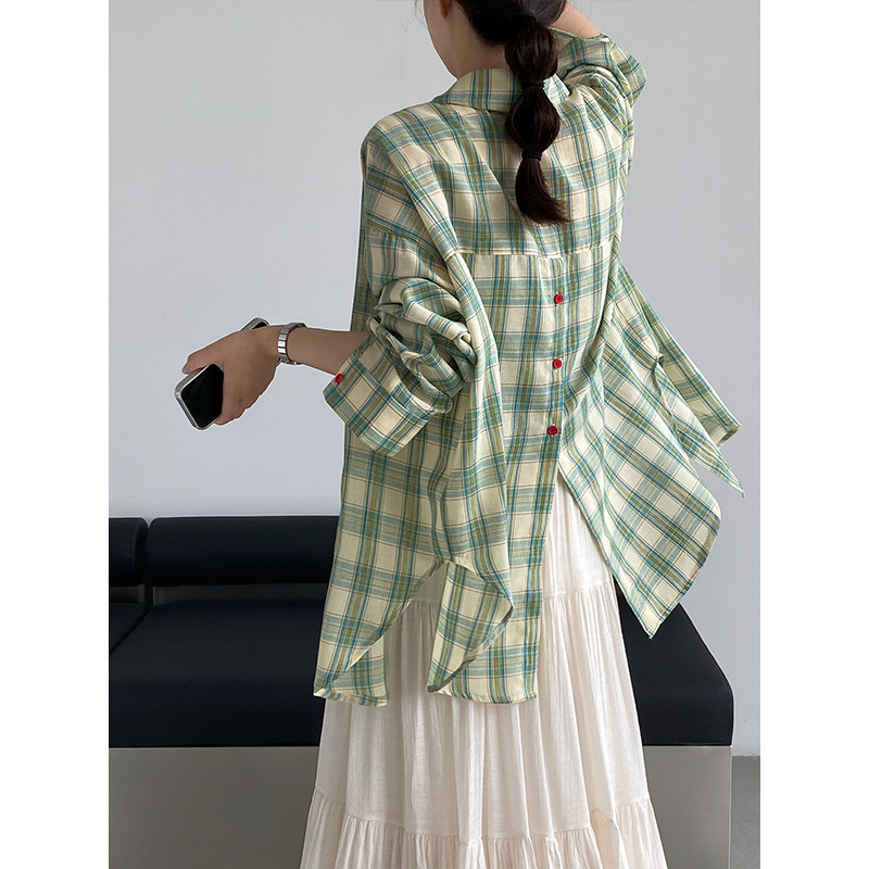 Jiangzuo Korean-Style Green Plaid Long-Sleeve Sun-Protective Shirt for Women, Summer Fresh Hong Kong Style Split Hem Color-Blocking Top 1952