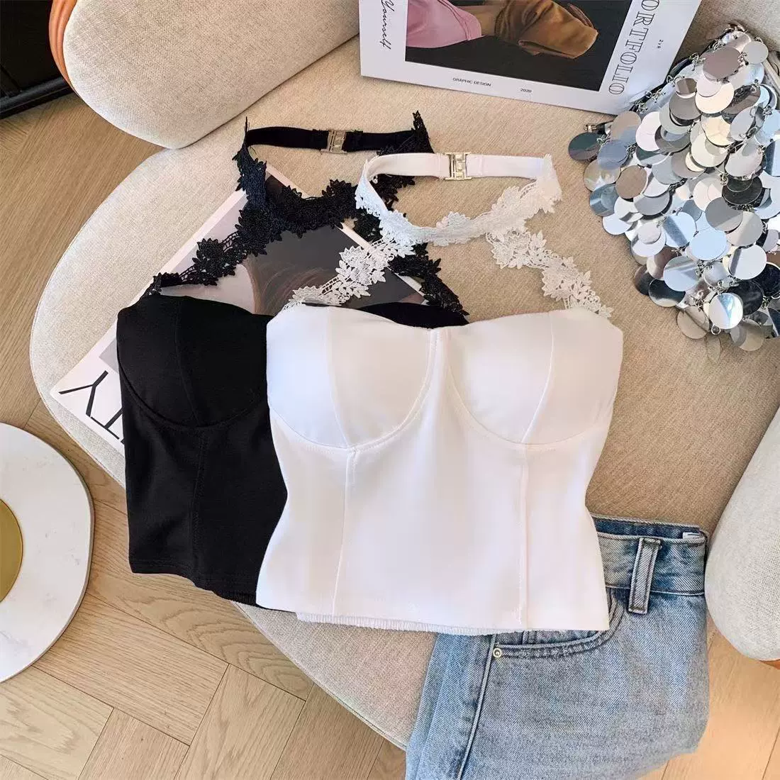 Кружевная лента нагрудный коврик без рукавов камзол жилет женский летний новый тонкий тонкий, короткий шикарный короткий топ