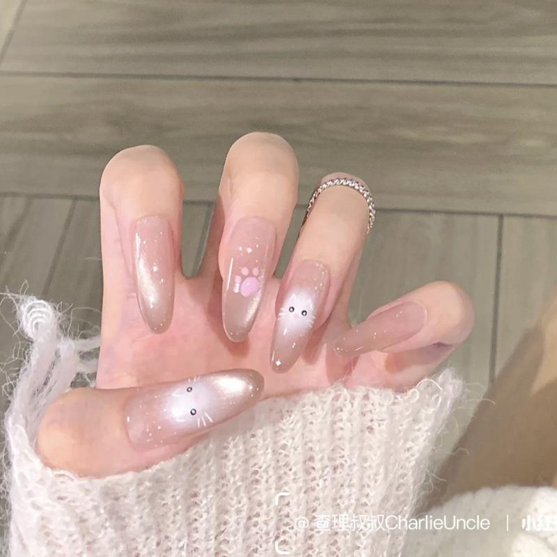 10-Piece Set of Handmade Nail Art Stickers with Ice-Clear, Cute, and Lively Kitten Cat-Eye Designs, Long Style, Finished Product 10-Piece Set of Handmade Nail Art Stickers with Ice-Clear, Cute, and Lively Kitten Cat-Eye Designs, Long Style, Finished Product