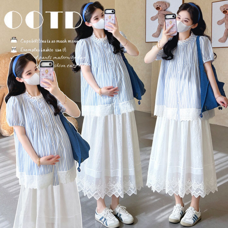 Maternity Summer Outfit, Fashionable New Striped Shirt, Short-Sleeved Top, Skirt, Stylish and Discreet Pregnancy Wear