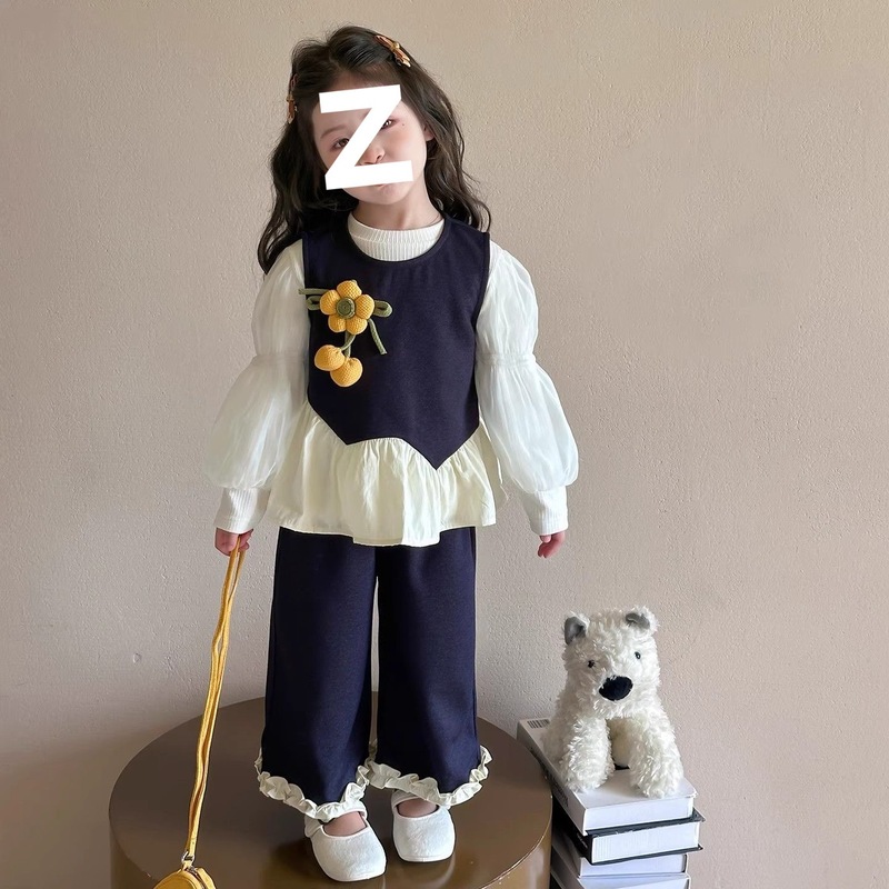 女童秋装三件套装2025时尚森系新款小女孩甜美灯笼袖休闲套装|undefined