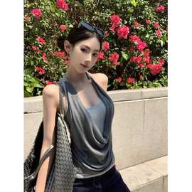 夏季小众纯欲设计感撞色拼接吊带背心女假两件荡领挂脖百搭上衣