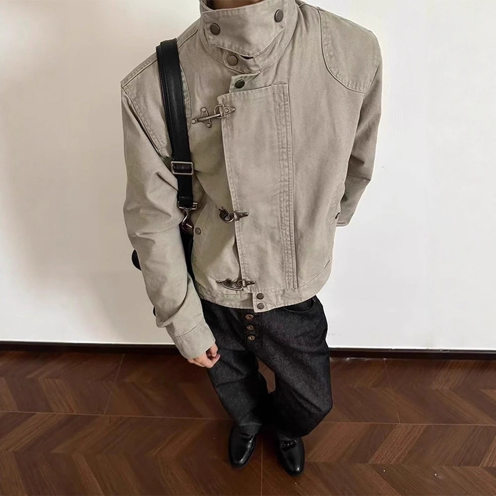 American-style distressed airplane button lapel jacket for men and women, spring and autumn American retro short wide workwear coat