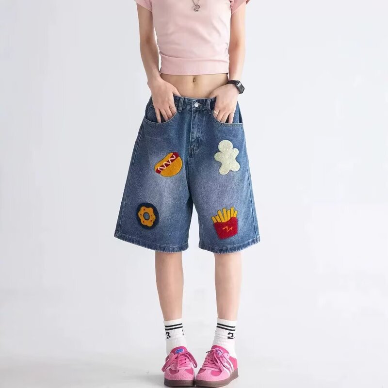 American Retro Burger Fries Towel Embroidered Denim Shorts Unisex Trendy Summer Loose Wide-Leg Straight Five-Point Shorts