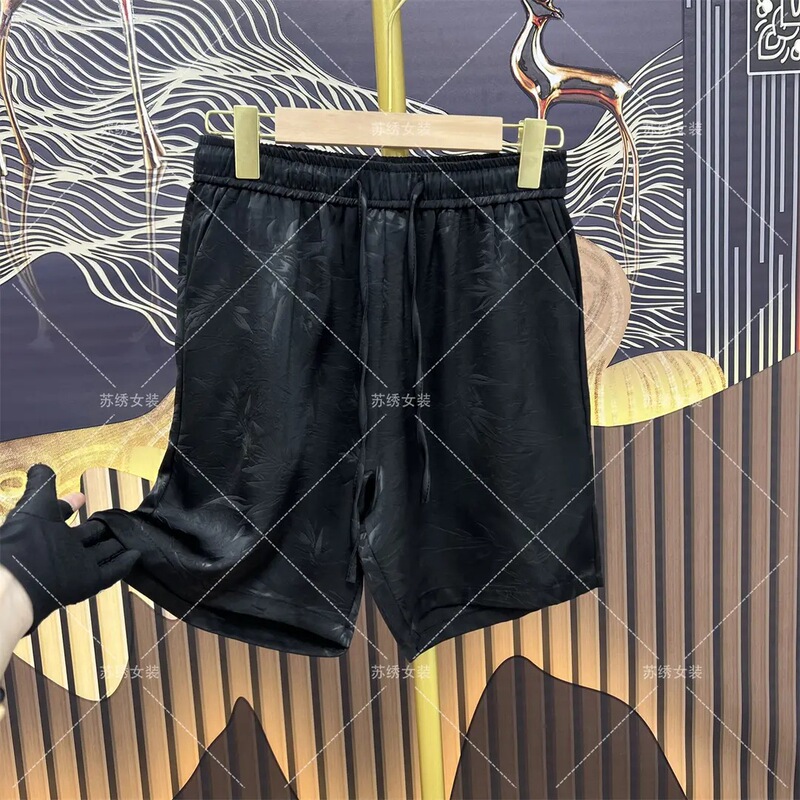 [Five-Point Pants] Golden Bamboo Embossed Fashionable and Versatile Crepe De Chine Summer Loose Slimming Look Wide-Leg Pants for Women Chinese Style Shorts