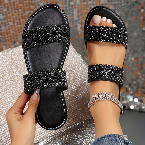 Rhinestone Lightweight Flat Slides Women's Double Bands Cross-Border