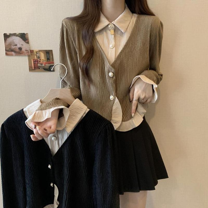 大码女装单排扣木耳边长袖T恤女春秋季新款宽松显瘦百搭时尚上衣|undefined