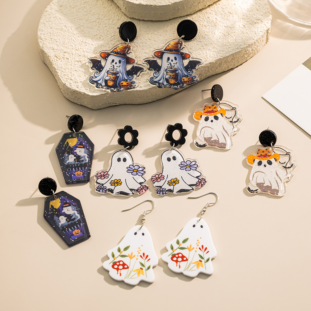 Colorful Halloween Acrylic Pendant Earrings Pumpkin Ghost Cat Bat Eye Spider Accessories for Women Cartoon Fashion Commuter Style