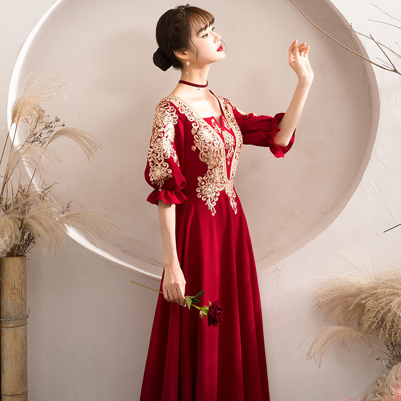 大码敬酒服新娘2021秋季新款气质修身绣花孕妇遮肚结婚宴会晚礼服|ru