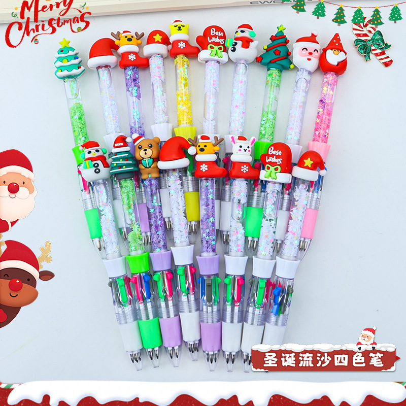 New Christmas Quicksand Four-Color Ballpoint Pen Student Handbook Pen Color Oil Pen Christmas Stationery Gift Wholesale
