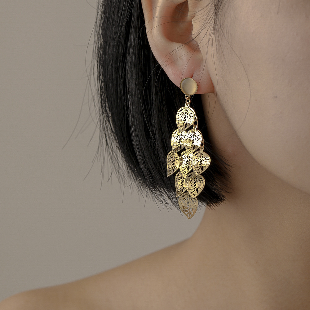 Fashion Hollow Leaf Tassel Multi-layer Leaf Long Earrings display picture 2