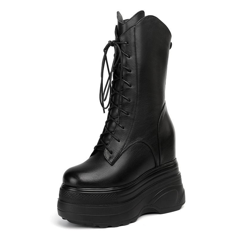 Boot nữ cổ trung đế dày tăng chiều cao 14 cm phong cách cổ điển — Lót nhung đen