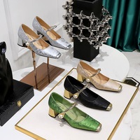 5288-6 Chinese Style Women's Shoes Banquet Thick Heels, Middle Heels, Silk Embroidery, Colored Square Head, Shallow Mouth, Pearl, Straight Line, Single Shoes