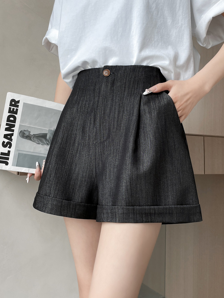 Quần short jean nữ lưng cao ống rộng gấu cuộn — màu đen