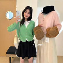 THE LIMON柠檬绿茶秋季法式质感马卡龙色系单排扣长袖开衫毛衣女