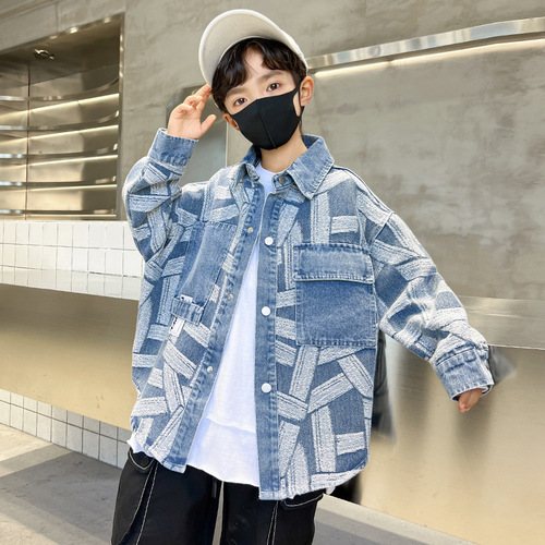 Boy's Spring Outfit Jacket Cool and Stylish 2024 New Children's Spring Top for Middle Children Spring Denim Jacket Trendy Hip Brand