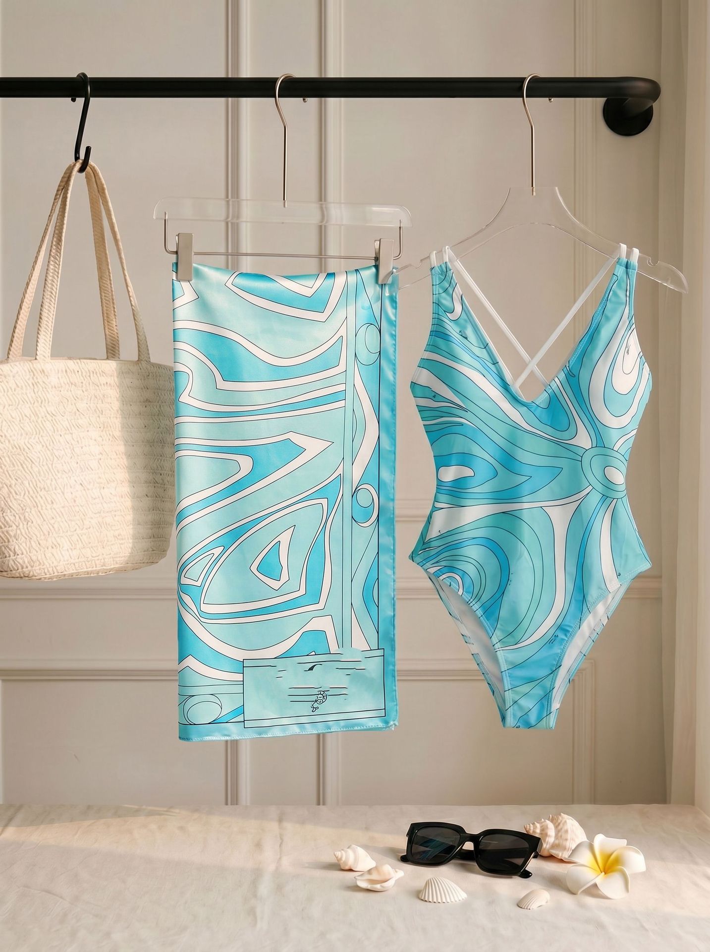 New Women's One Piece Swimsuit With Satin Square Scarf Position Printed Design American Style Fashion Swimwear_ecoleips.com