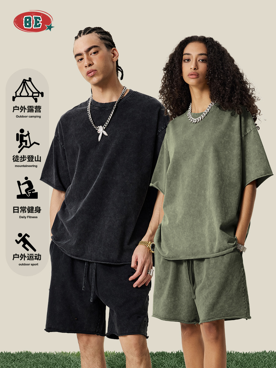 Ropa para Hombre BE | Camiseta de Verano 2025 Estilo Americano, Batik Lavado, Corte Holgado, Tonos Tierra Vintage, Bordes Deshilachados, Manga Corta para Hombre. image 4