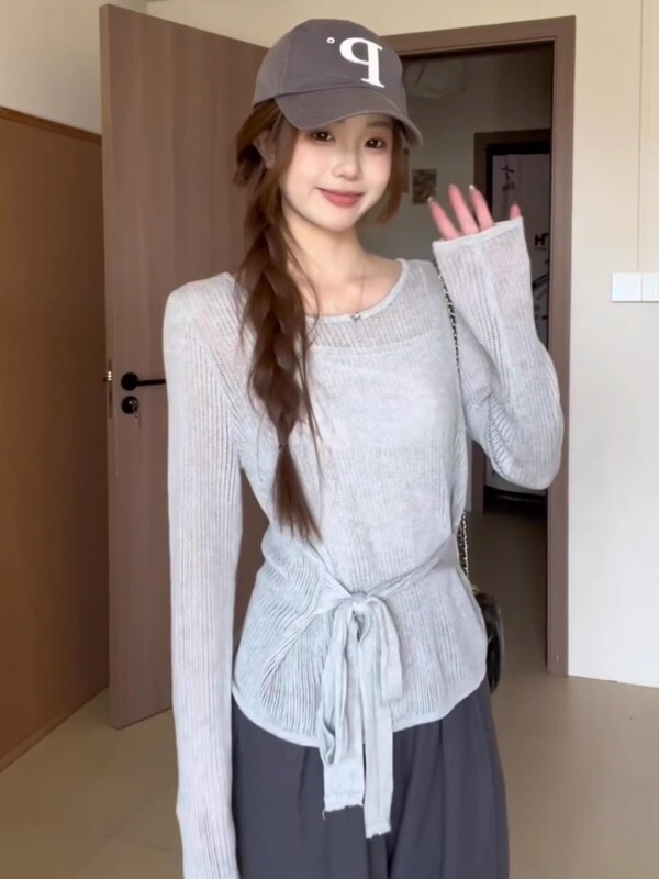 韩系灰色薄款微透长袖针织衫女秋慵懒风小个子宽松防晒罩衫上衣|undefined