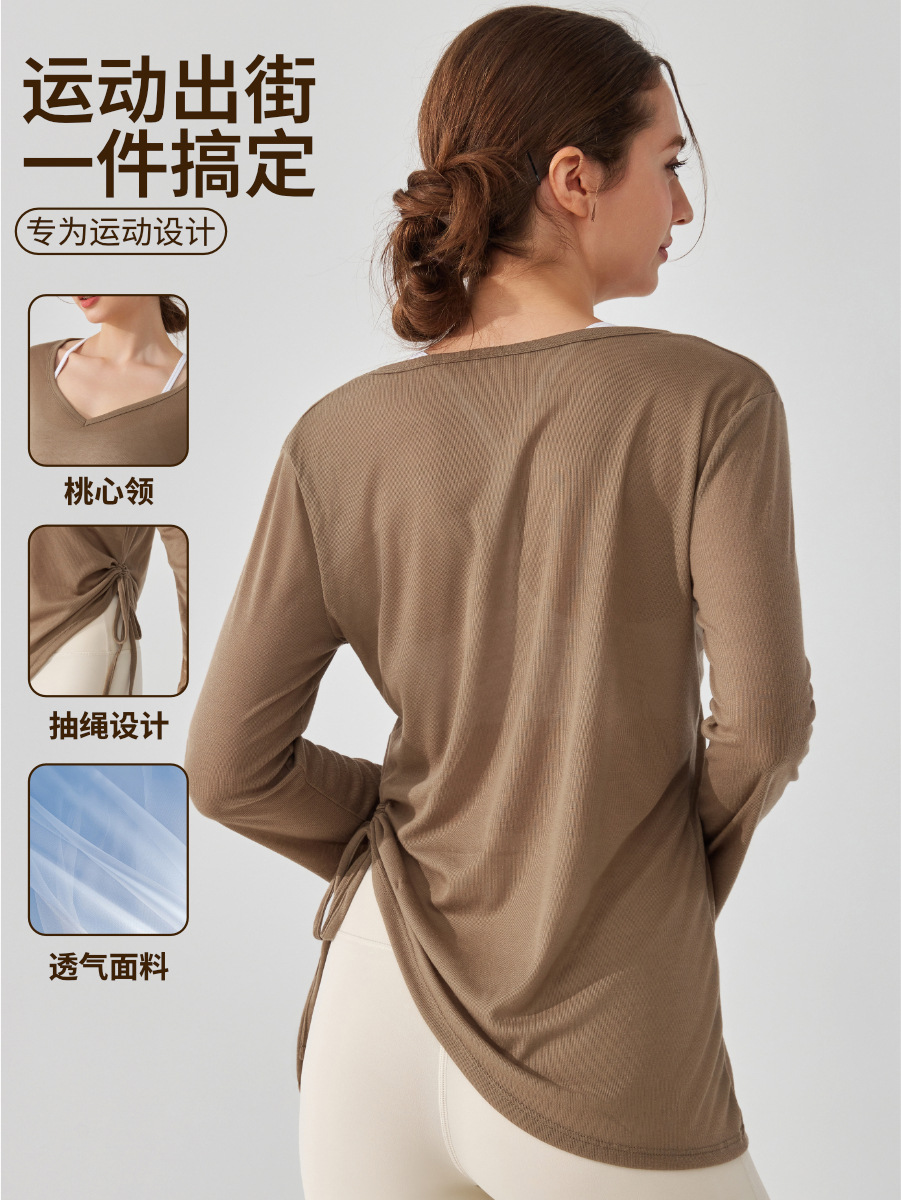 Casual suelto camisa de abrigo de manga larga cubierta de cadera de mujer plegado camiseta de cuerda pilates ropa de yoga