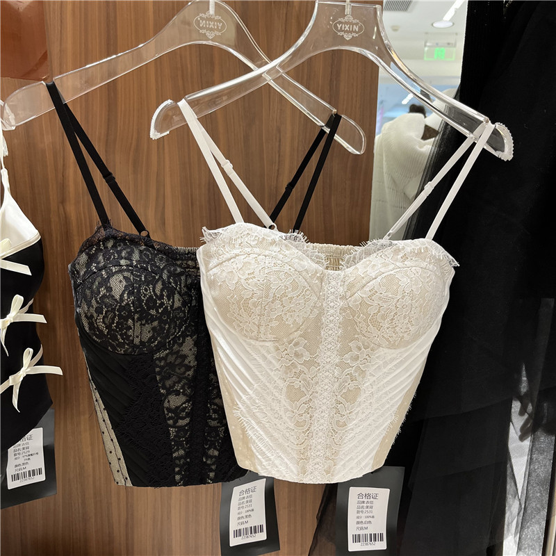 2025 Spring and Summer New Style Pure Desire Style Lace Pleated Sling Women's Belt Chest Pad Corset Outer Wear Waist Tight Vest Top Trendy