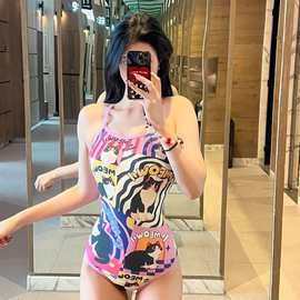 卡通专业竞速泳衣女连体三角显瘦遮肚奶牛猫游泳馆中高叉女士泳装
