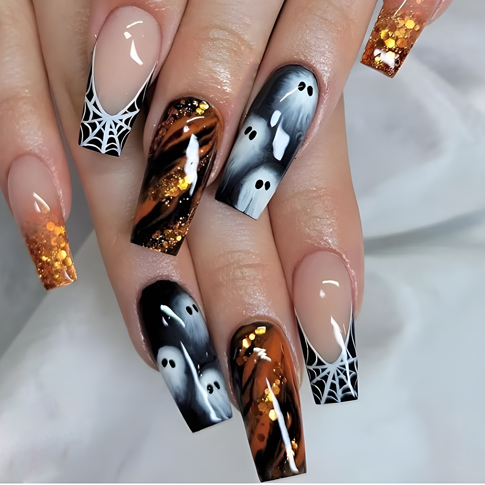 Telaraña de araña gradiente manicura, chicas calientes, polvo brillante, uñas falsas, productos al por mayor, fantasmas de Halloween, extraños, uñas