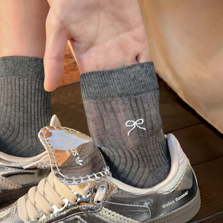 "Miu Style Rich Girl Vibe" Gray Socks for Women, Short Socks with Bow, Summer Thin Ballet Style Pure Cotton Mid-Calf Socks