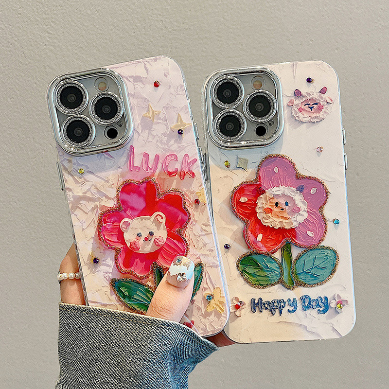 Verano pintura al óleo flor oso usando iPhone16ProMax pareja 14 Apple 15 funda para teléfono móvil 13 cadena 16