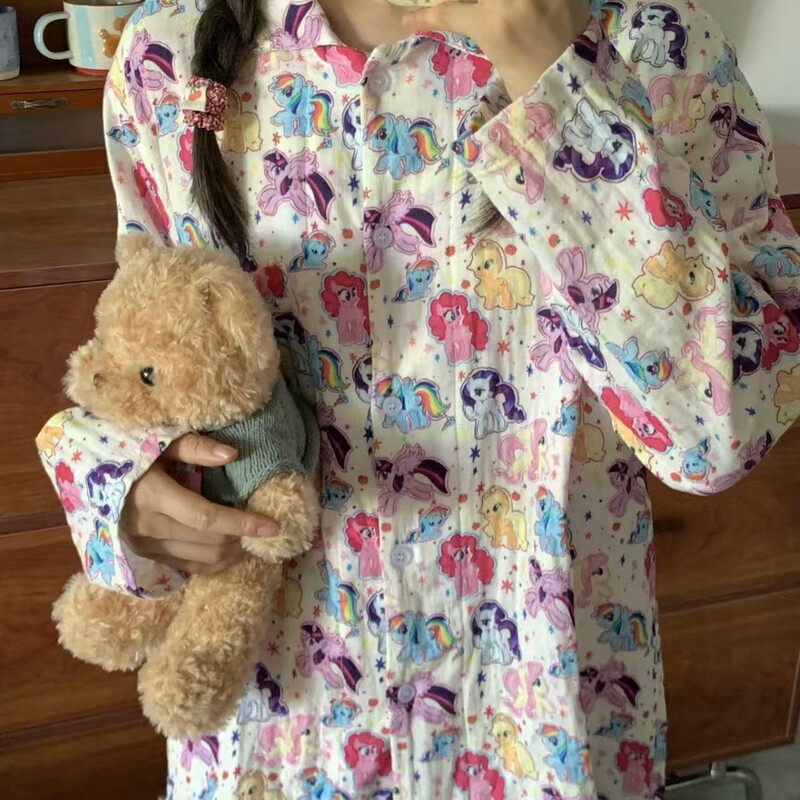 新品！小马宝莉A类全棉双层纱翻领可爱卡通睡衣宽松居家服遛弯|undefined